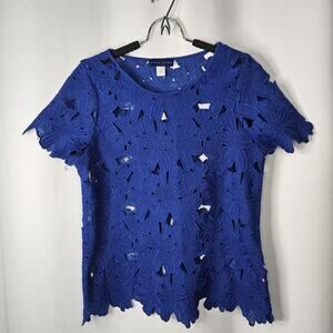 Vintage Cobalt Blue Guipure Cut Out Lace Short Sleeve Top Small Holiday Retro